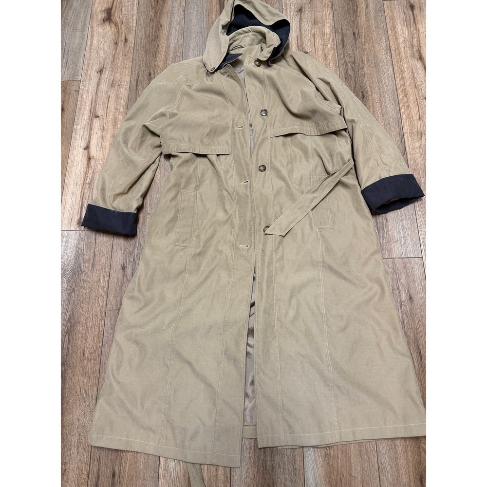 BREM Womens Khaki Trench Coat Detachable Hood Navy Trim Belted Long Tan size XL